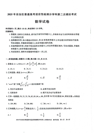 新疆维吾尔自治区2025届普通高考适应性检测分学科第二次模拟考试数学.pdf