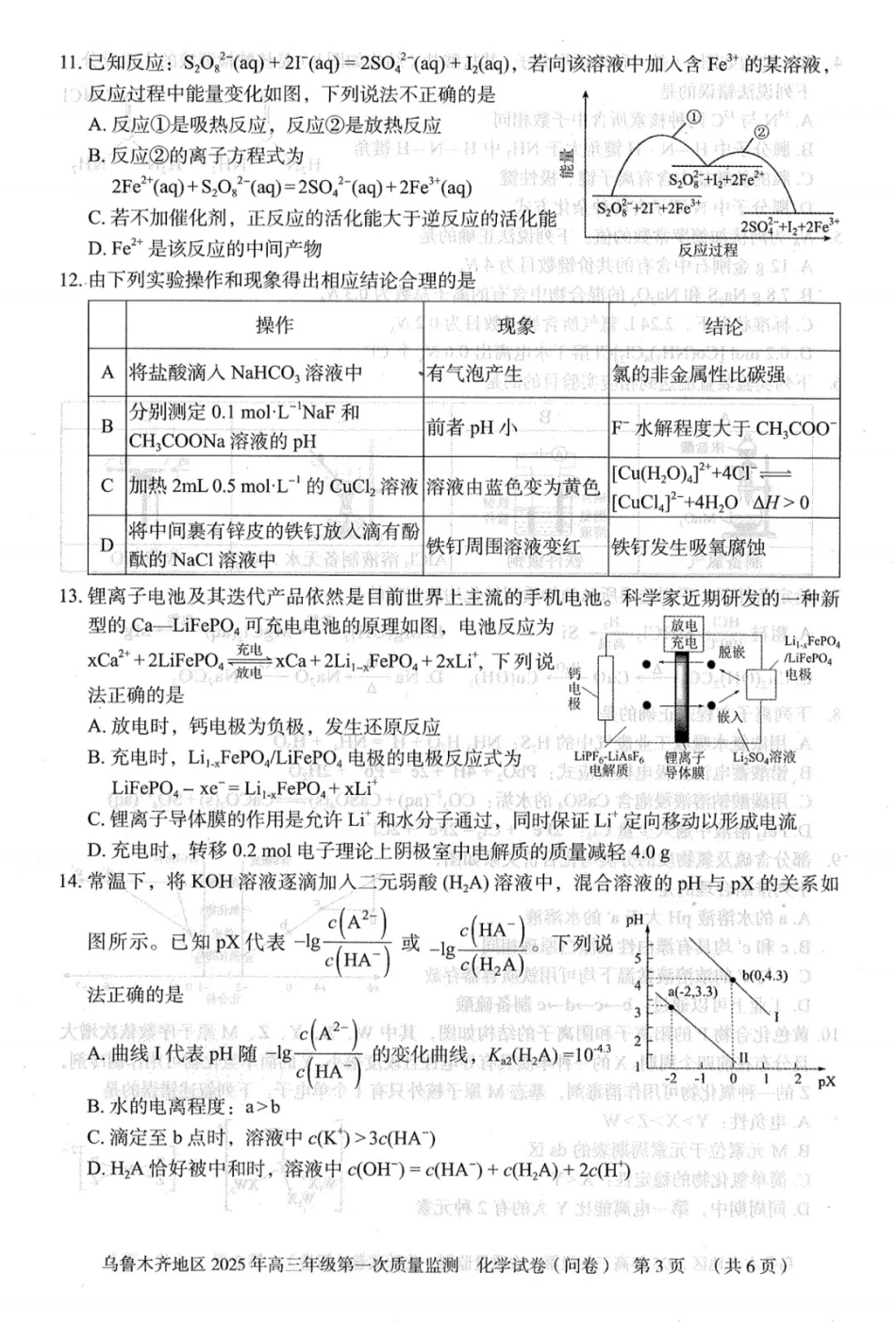 新疆乌鲁木齐地区 2025 年高三年级第一次质量监测化学.pdf_第3页