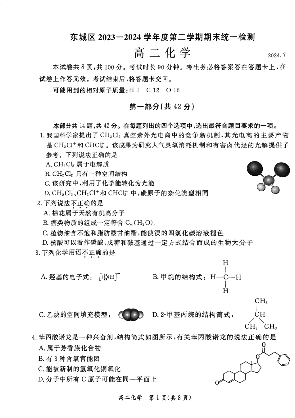 2024北京东城高二（下）期末化学试题及答案.pdf_第1页