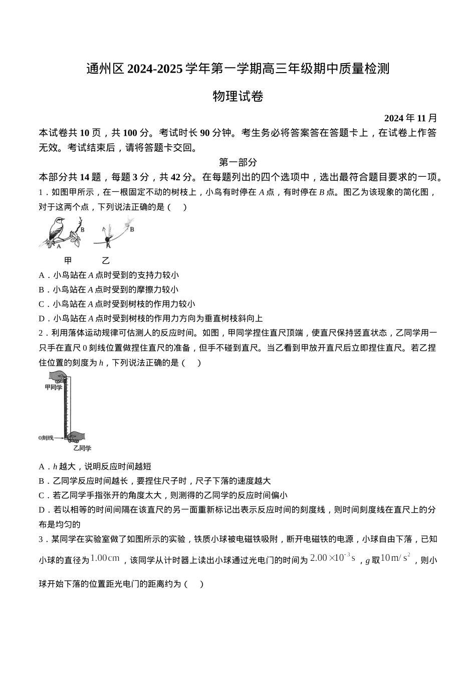 北京市通州区2024-2025学年高三上学期期中物理试卷（含答案）.docx_第1页