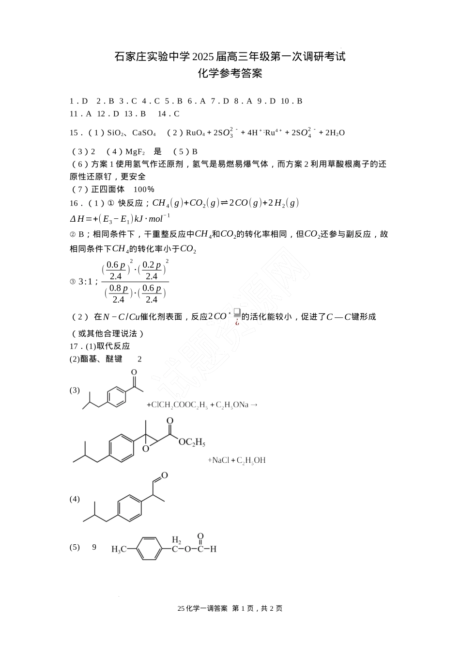 河北省石家庄实验中学2025届高三年级第一次调研考试化学答案.docx_第1页