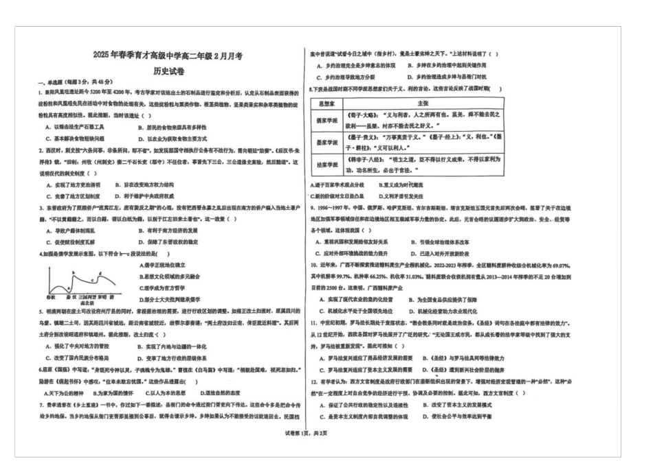 湖北省黄冈市黄梅县育才高级中学2024-2025学年高二下学期2月月考历史试卷（图片版，无答案）.docx_第1页