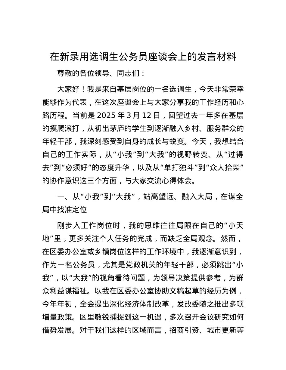在新录用选调生公务员座谈会上的发言材料.docx_第1页