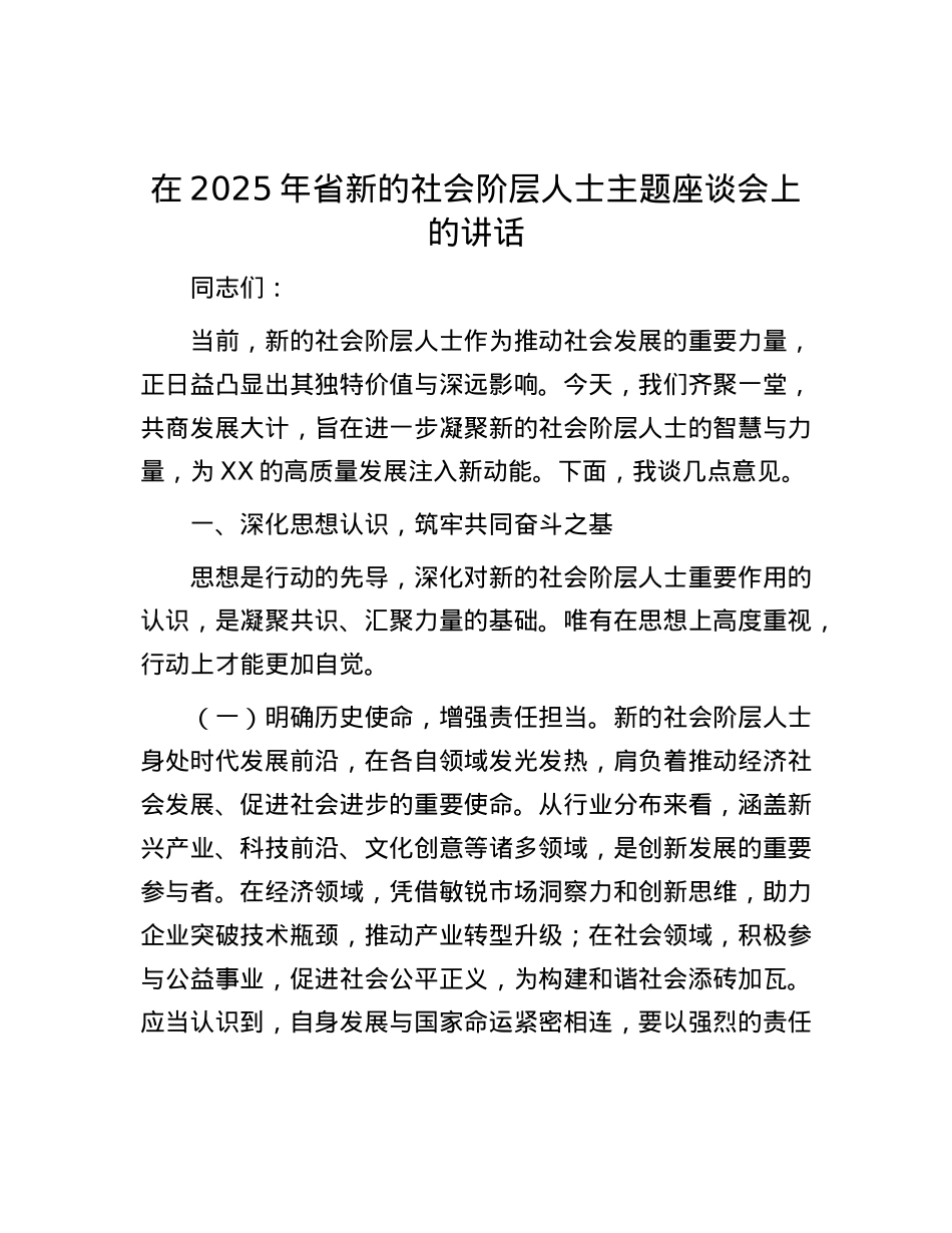 在2025年省新的社会阶层人士主题座谈会上的讲话.docx_第1页