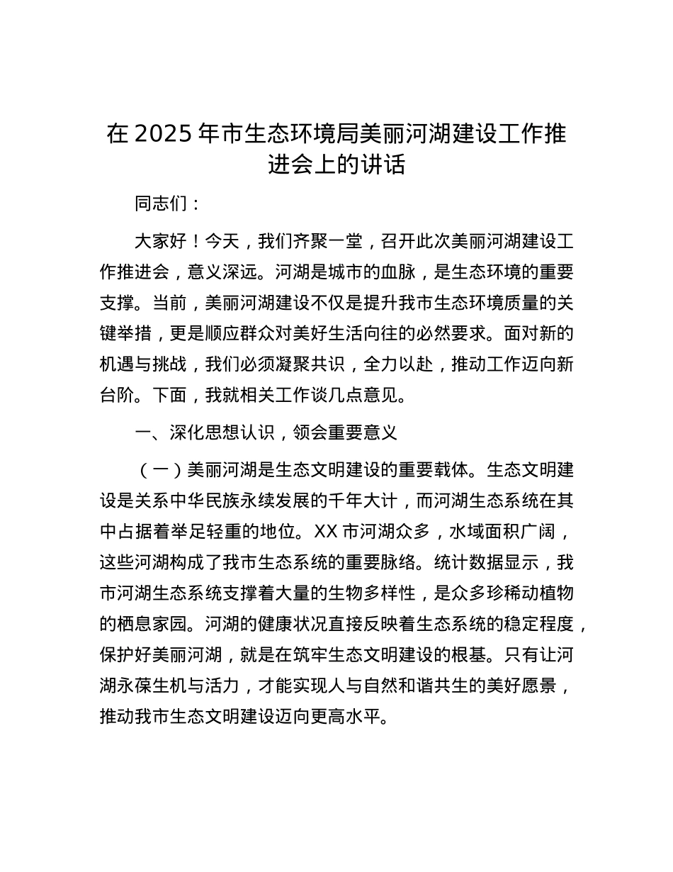 在2025年市生态环境局美丽河湖建设工作推进会上的讲话.docx_第1页