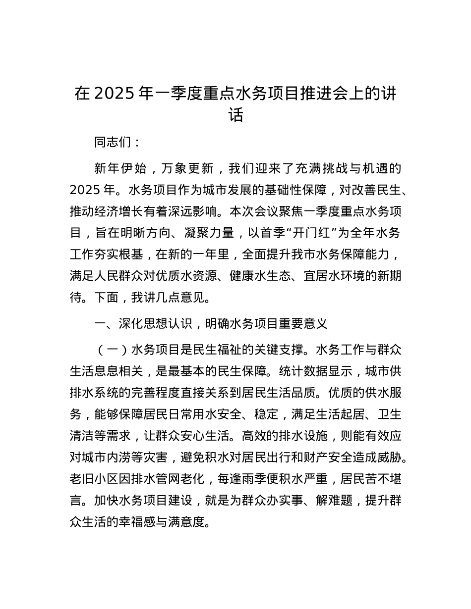 在2025年一季度重点水务项目推进会上的讲话.docx_第1页