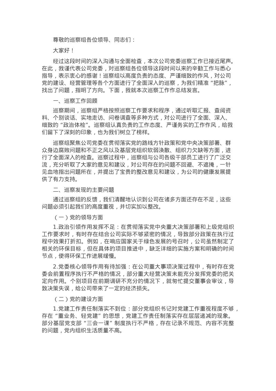在公司党委巡察工作汇报会上的总结发言.docx_第1页