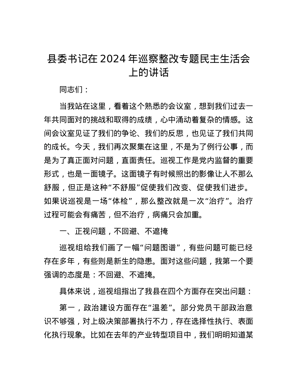 县委书记在2024年巡察整改专题民主生活会上的讲话.docx_第1页