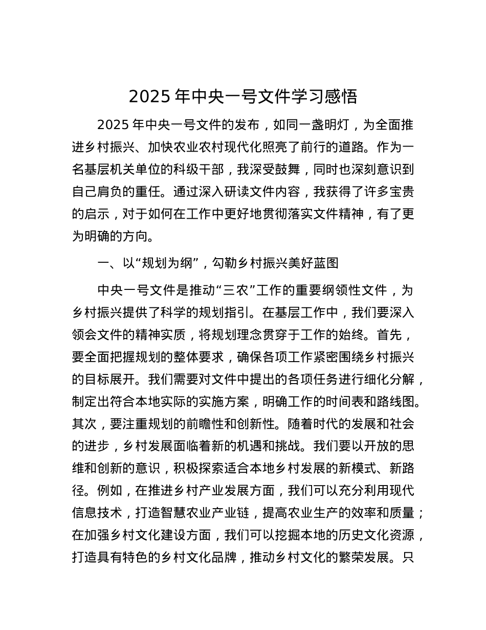 2025年中央一号文件学习感悟.docx_第1页