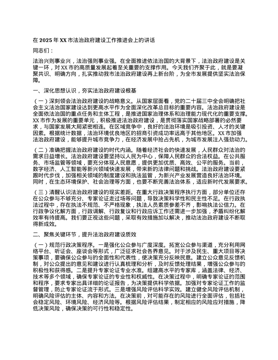 在2025年XX市法治政府建设工作推进会上的讲话.docx_第1页