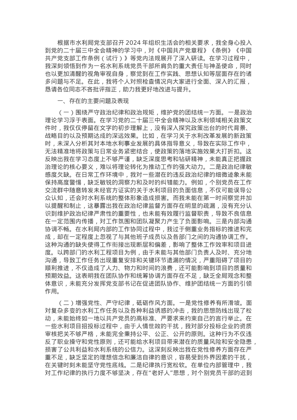 市水利局党支部书记2024年组织生活会个人对照检查发言材料.docx_第1页