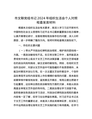 市文联X组书记2024年组织生活会个人对照检查发言材料.docx