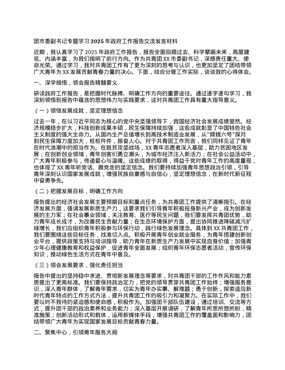 团市委副书记专题学习2025年政府工作报告交流发言材料.docx_第1页