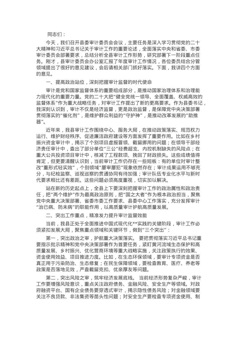 某县委书记在县委审计委员会会议上的讲话.docx_第1页