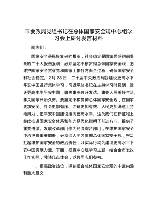 市发改局X组书记在总体国家安全观中心组学习会上研讨发言材料.docx