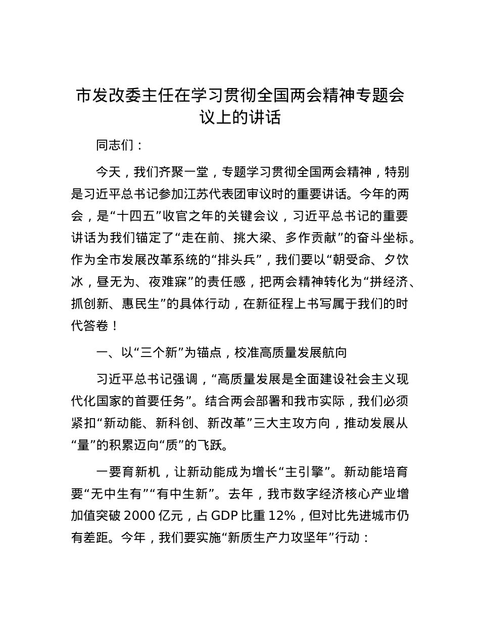 市发改委主任在学习贯彻全国两会精神专题会议上的讲话.docx_第1页