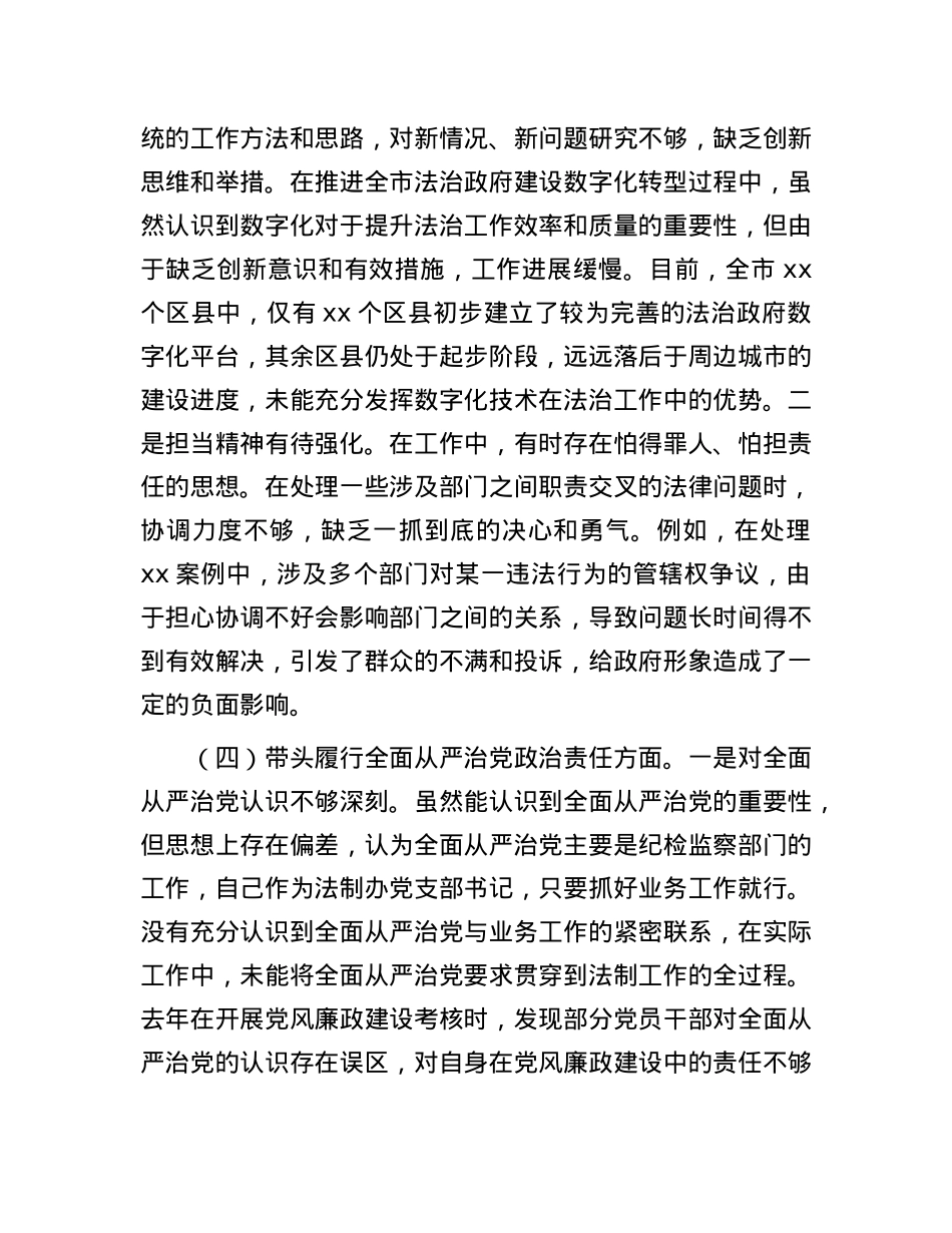 市法制办X支部书记2024年组织生活会个人对照检查发言材料.docx_第3页