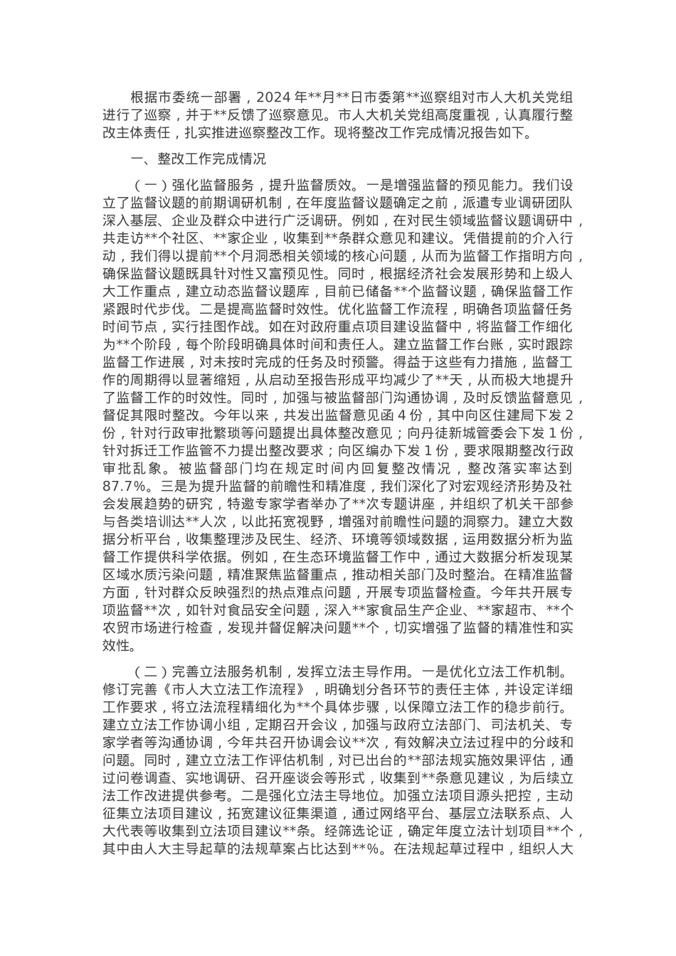 市人大机关党组落实巡察反馈意见整改工作完成情况报告.docx_第1页