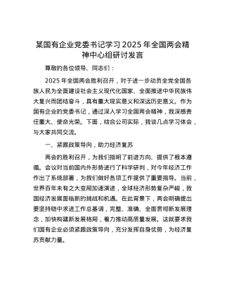 某国有企业X委书记学习2025年全国两会精神中心组研讨发言.docx