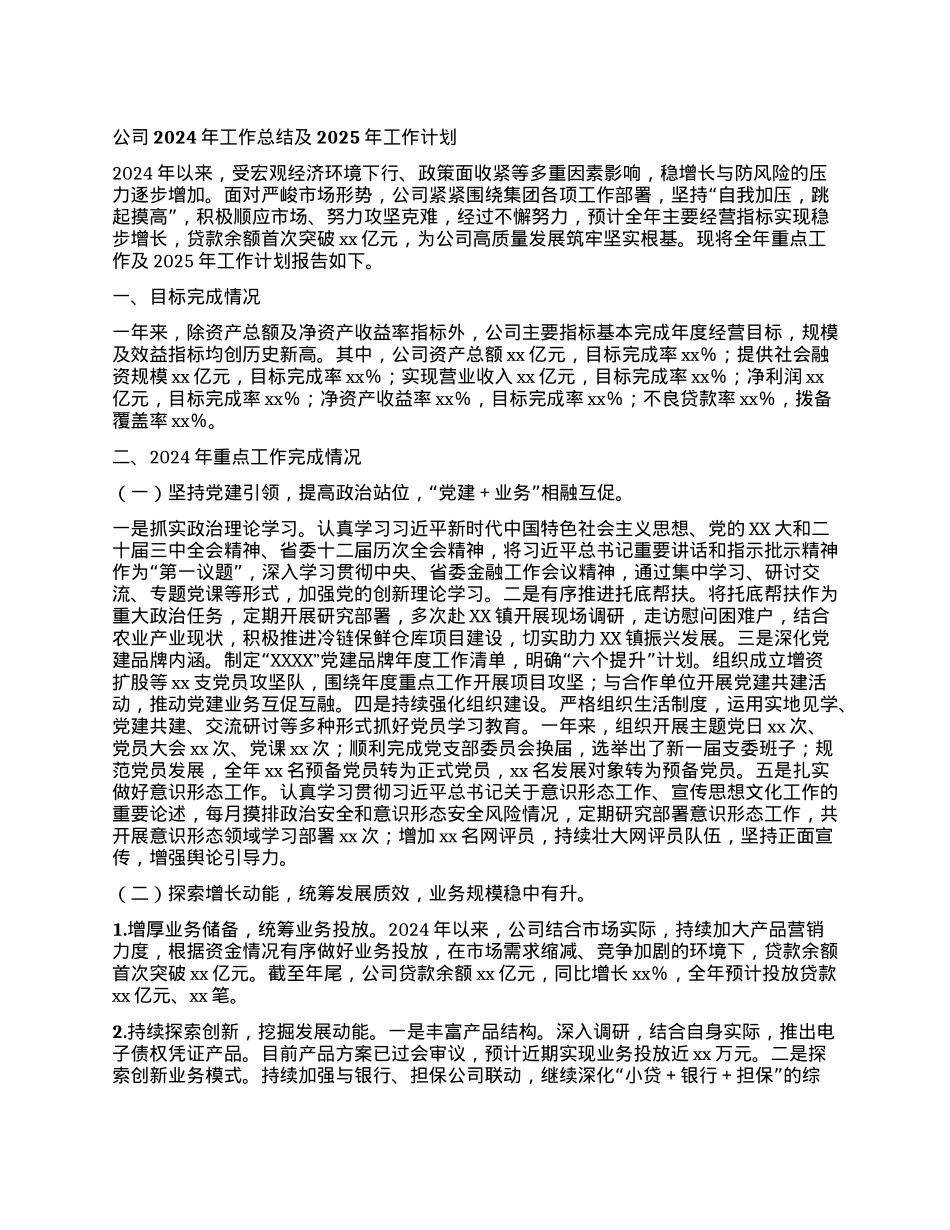 某某金融贷款公司2024年工作总结及2025年工作计划.docx_第1页