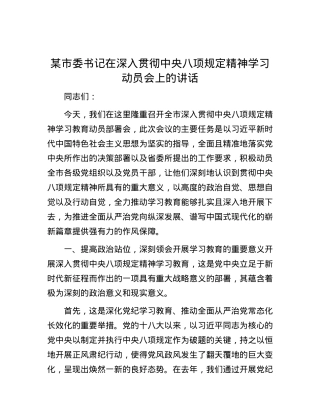 某市委书记在深入贯彻中央八项规定精神学习动员会上的讲话.docx