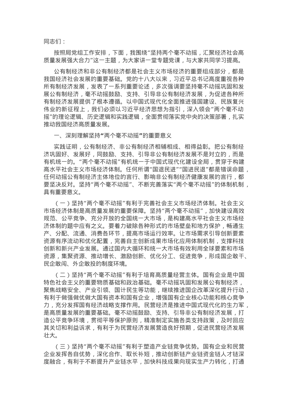 专题党课：坚持“两个毫不动摇”，汇聚经济社会高质量发展强大合力.docx_第1页