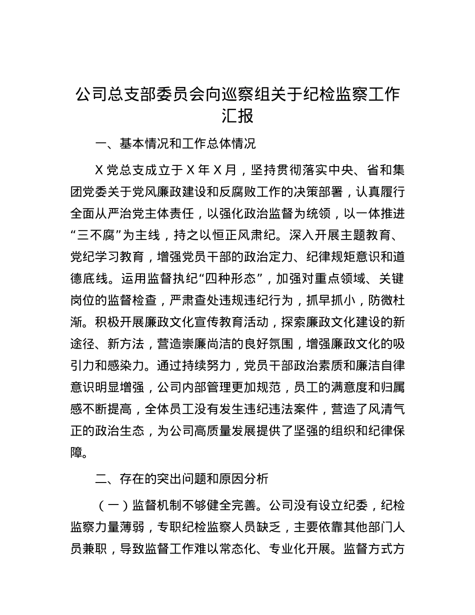 公司总支部委员会向巡察组关于纪检监察工作汇报.docx_第1页