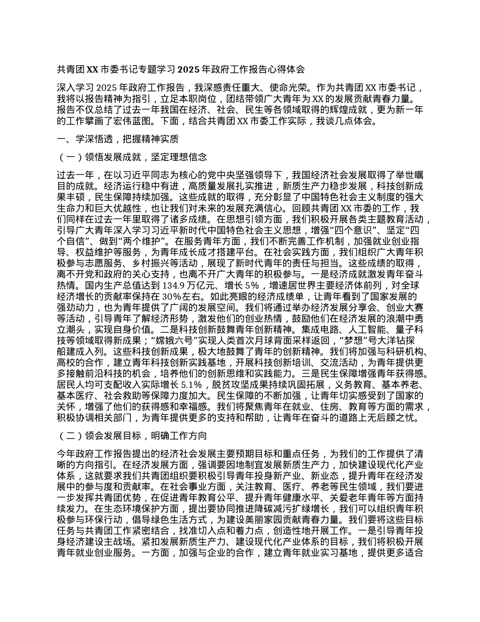 共青团XX市委书记专题学习2025年政府工作报告心得体会.docx_第1页