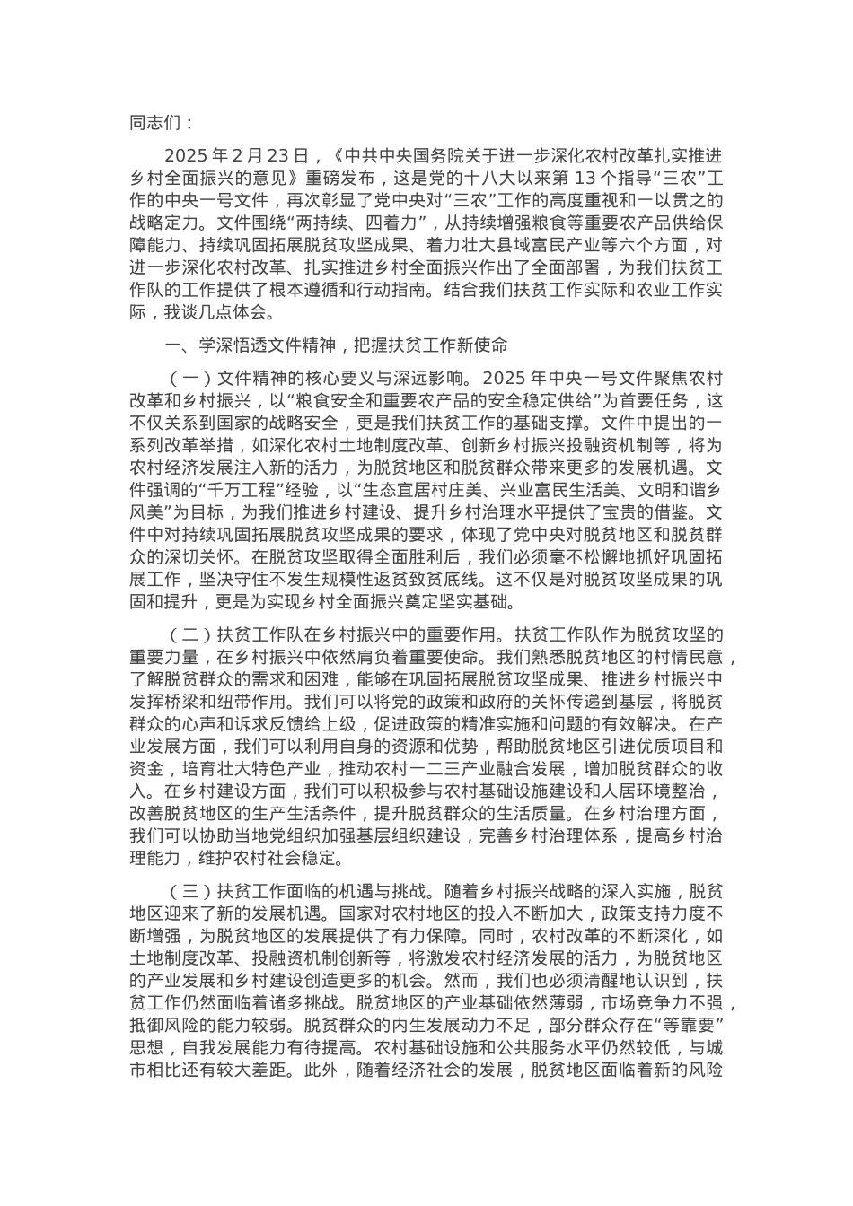 扶贫工作队在学习2025年中央一号文件精神专题会上的研讨发言.docx_第1页