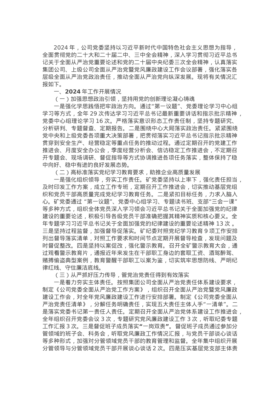 2024年度党委落实全面从严治党责任工作报告.docx_第1页