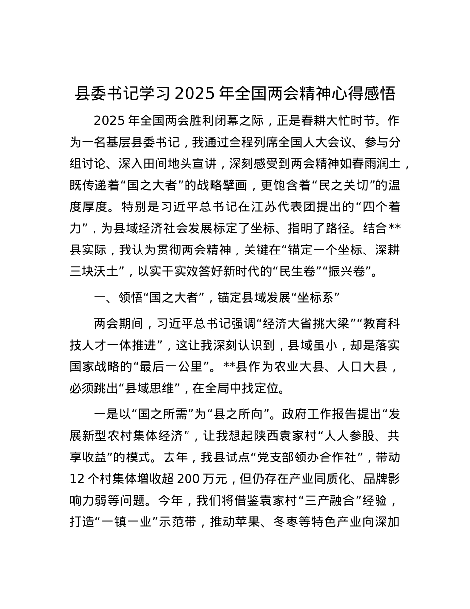 县委书记学习2025年全国两会精神心得感悟.docx_第1页