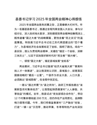 县委书记学习2025年全国两会精神心得感悟.docx