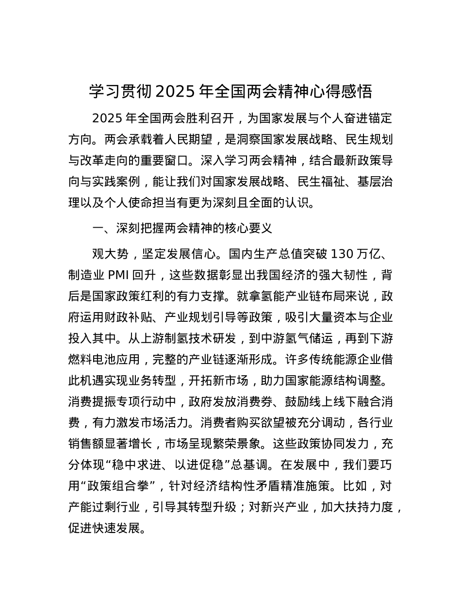 学习贯彻2025年全国两会精神心得感悟.docx_第1页