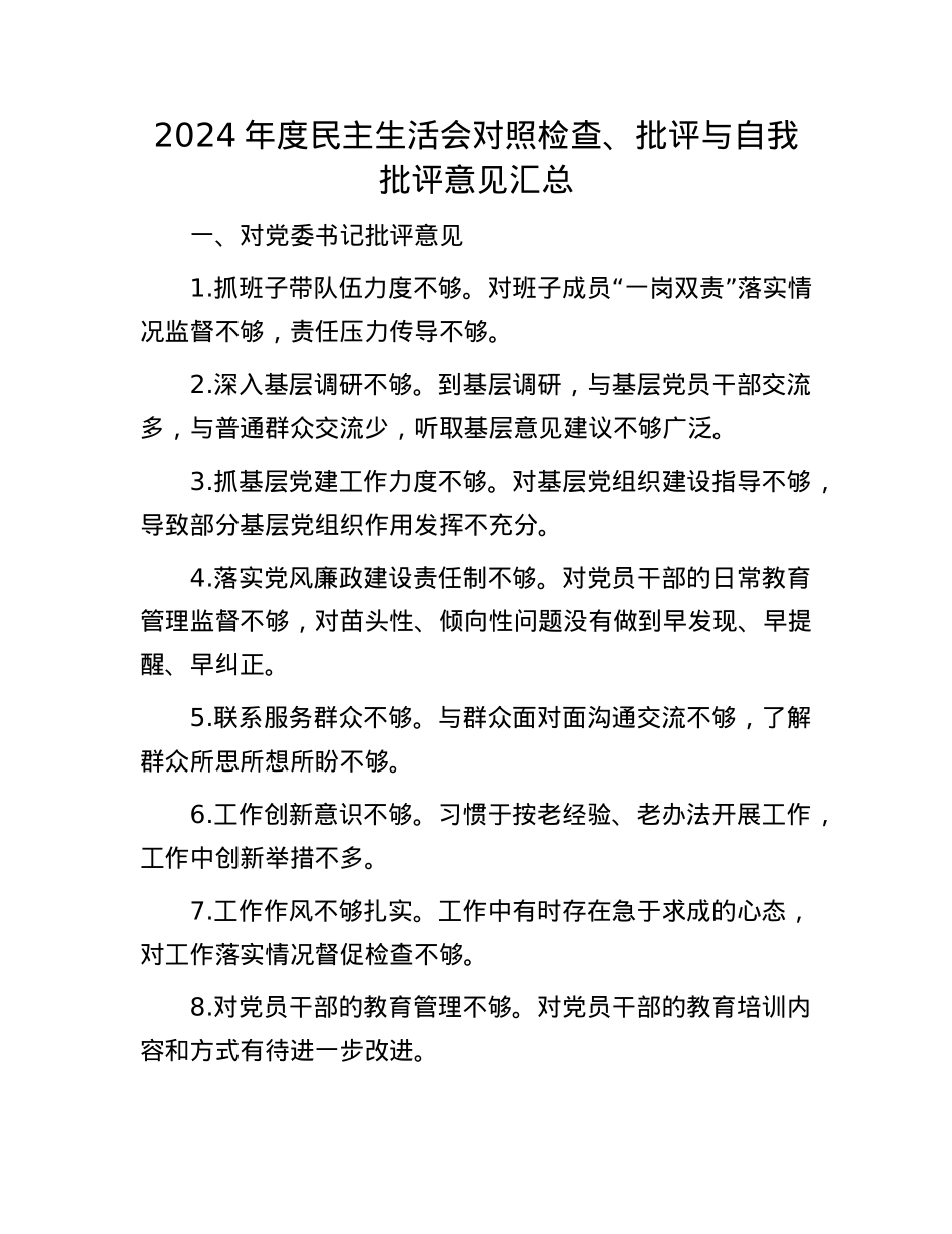 2024年度民主生活会对照检查、批评与自我批评意见汇总(1).docx_第1页