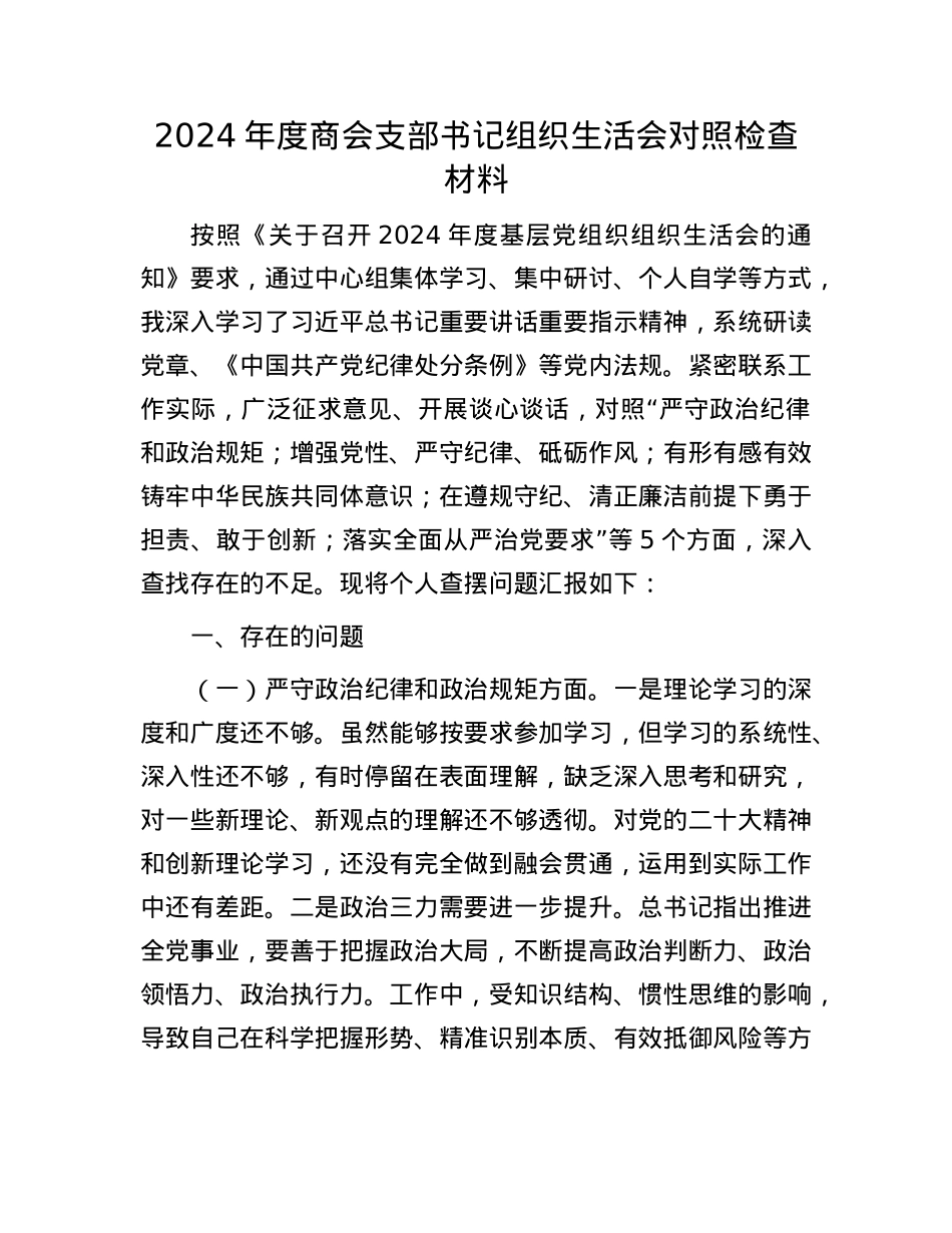 2024年度商会支部书记组织生活会对照检查材料(1).docx_第1页