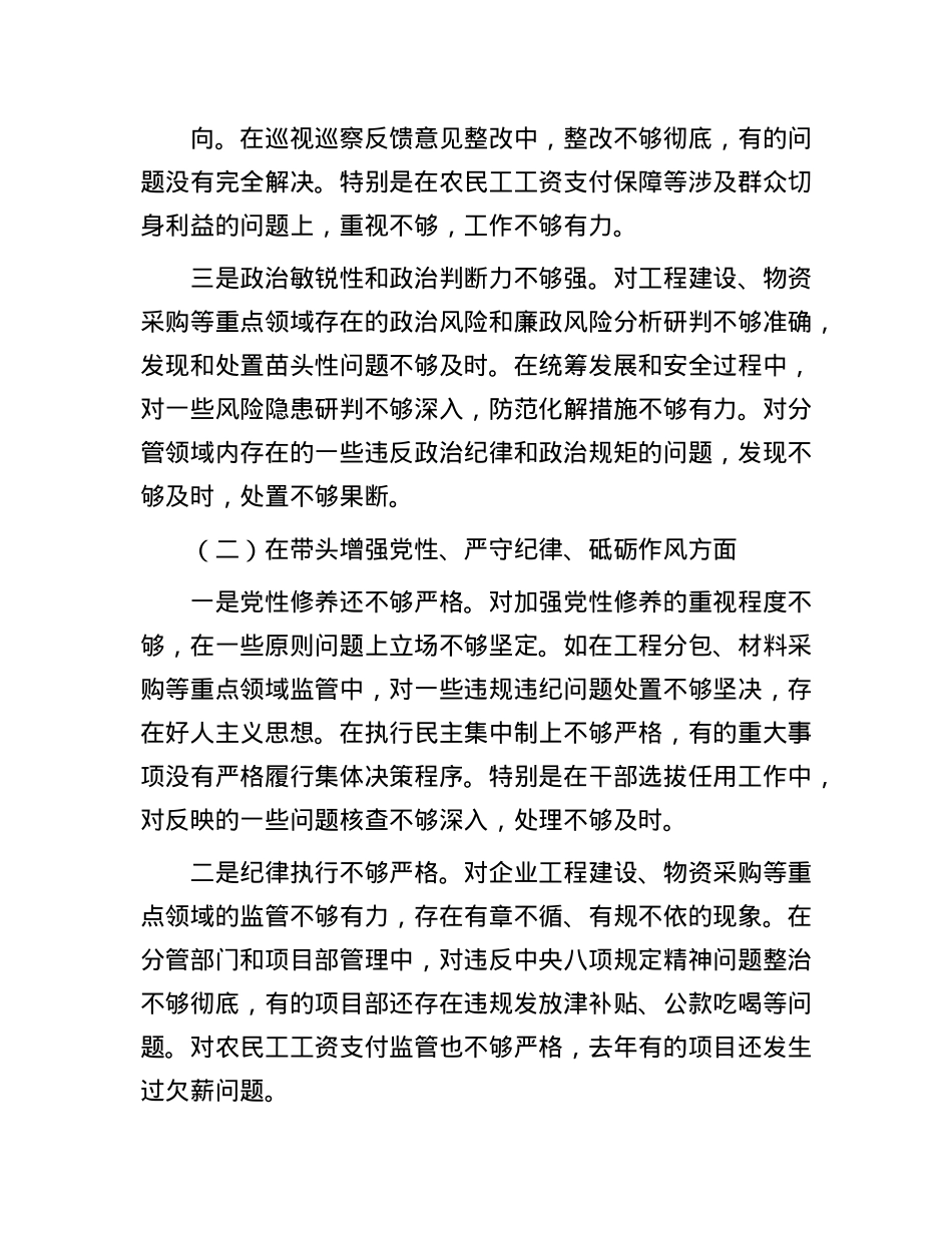 国企党委书记2024年民主生活会个人对照检查材料（四个带头＋典型案例）.docx_第2页