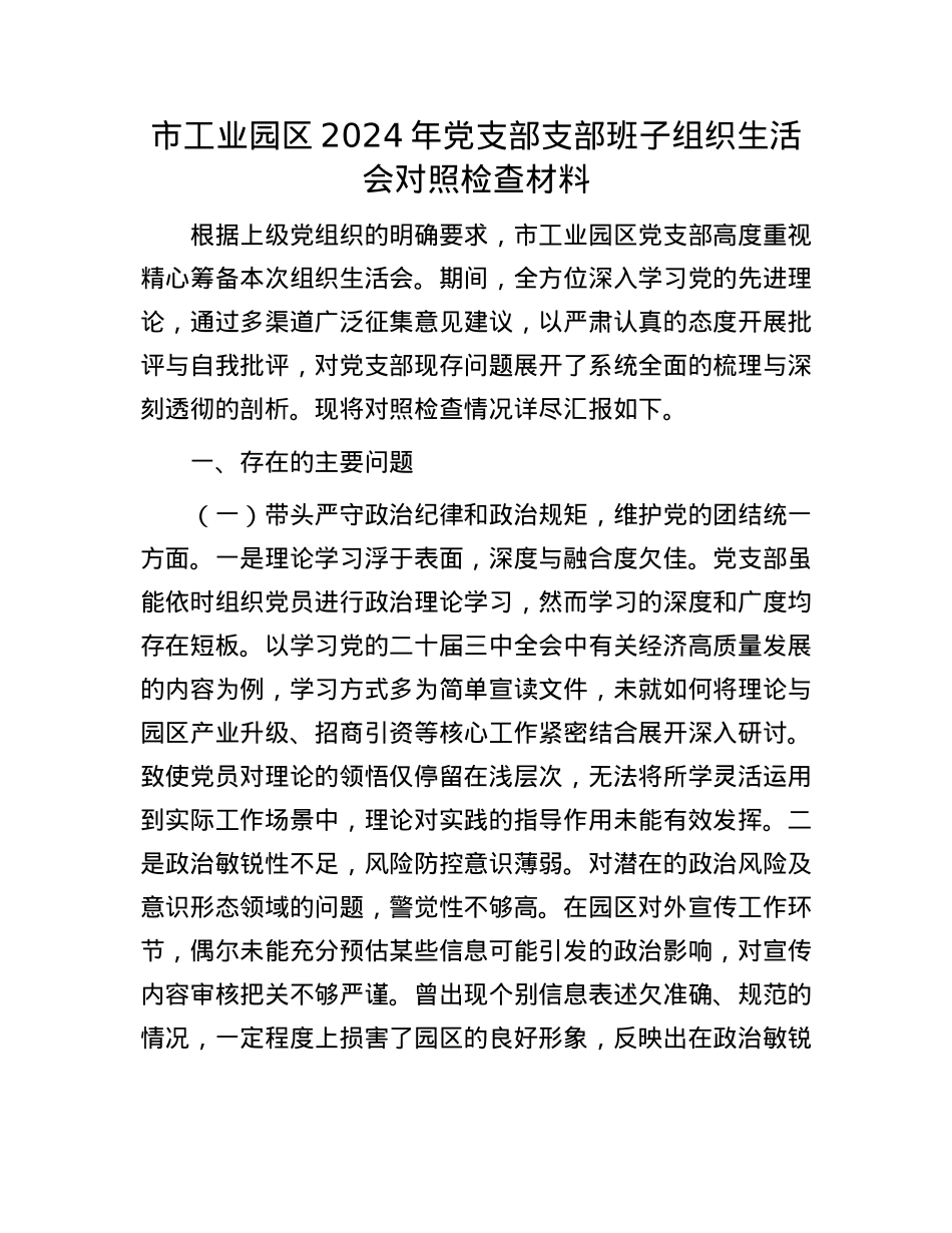 市工业园区2024年X支部支部班子组织生活会对照检查材料.docx_第1页