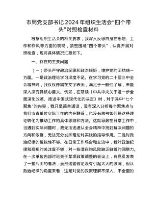 市局X支部书记2024年组织生活会“四个带头”对照检查材料.docx