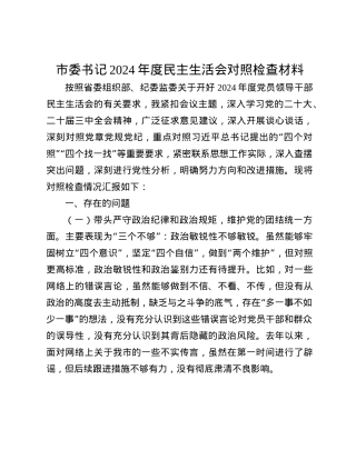 市委书记2024年度民主生活会对照检查材料(1).docx