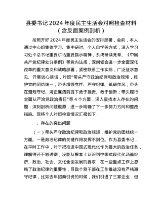 县委书记2024年度民主生活会对照检查材料（含反面案例剖析）(1).docx