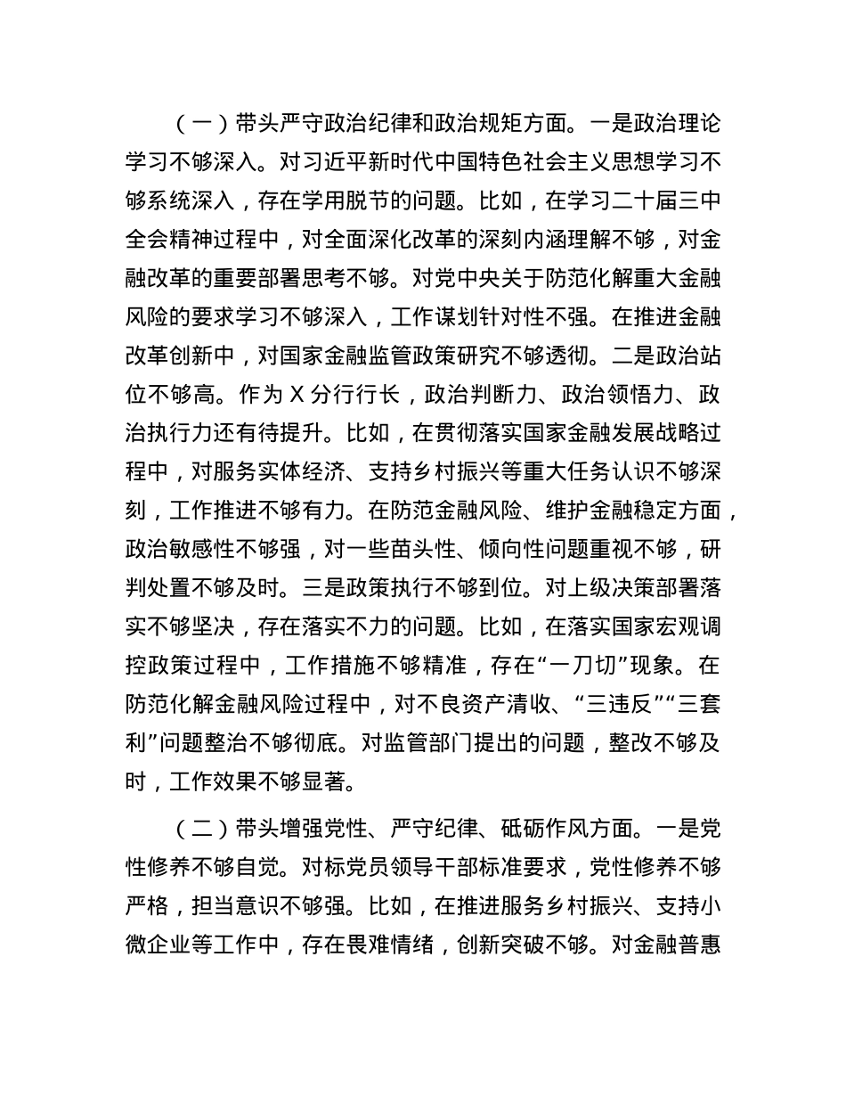 银行行长2024年度民主生活会个人对照检查材料（四个带头）(1).docx_第2页