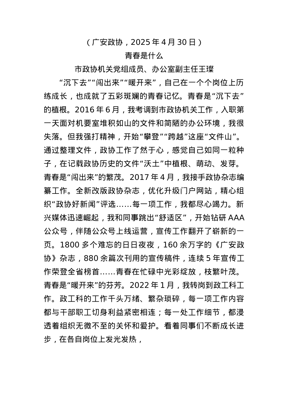 (8篇)广安市政协机关青年干部座谈会发言材料汇编.docx_第2页
