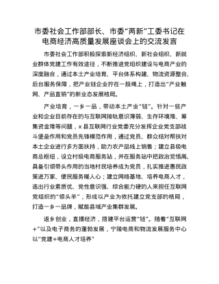 市委社会工作部部长、市委“两新”工委书记在电商经济高质量发展座谈会上的交流发言.docx