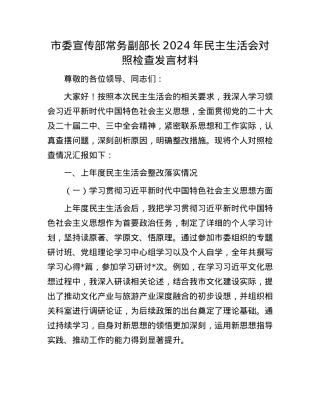 市委宣传部常务副部长2024年民主生活会对照检查发言材料(1).docx