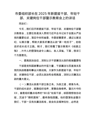 市委组织部长在2025年新提拔干部、年轻干部、关键岗位干部警示教育会上的讲话.docx