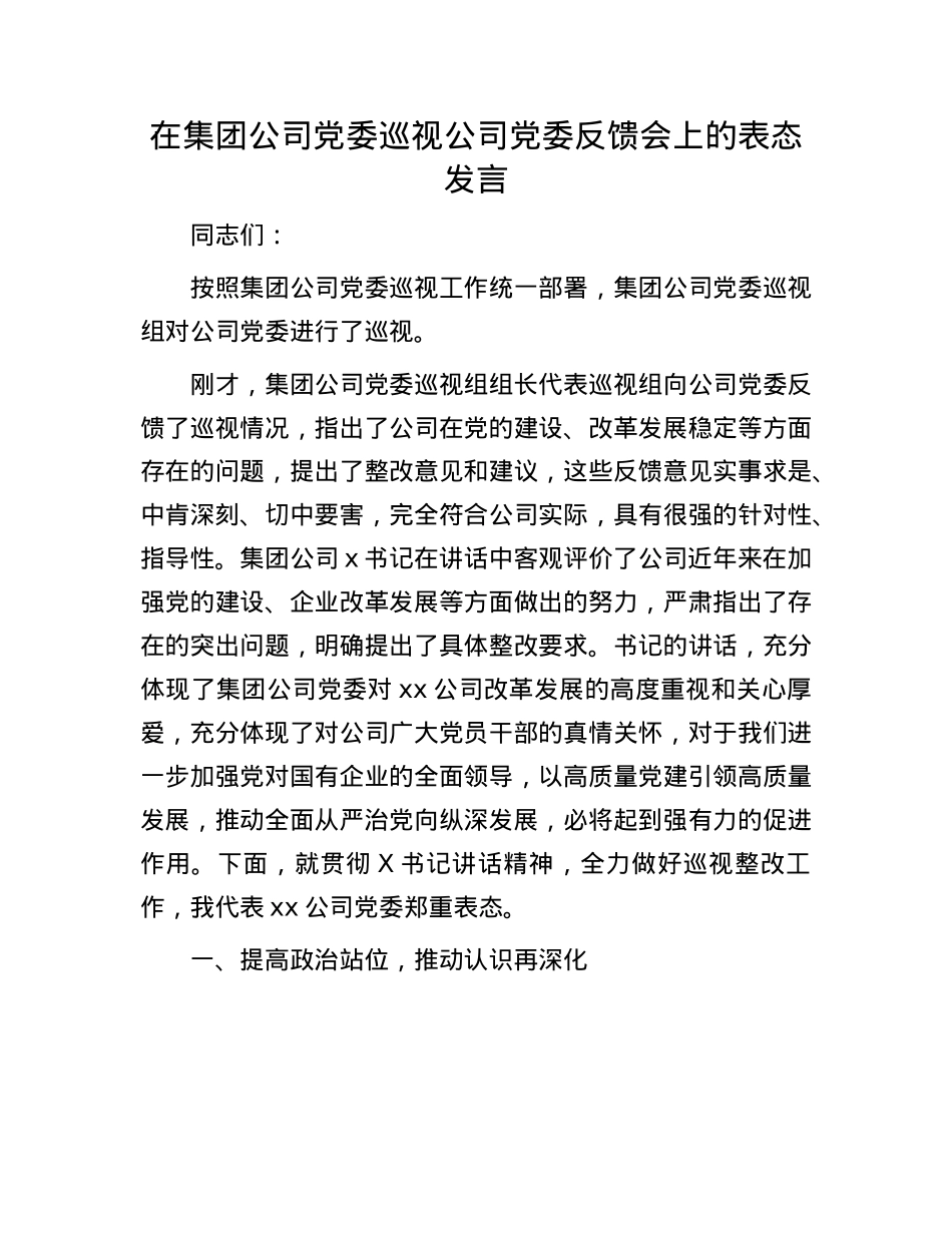 在集团公司X委巡视公司X委反馈会上的表态发言.docx_第1页