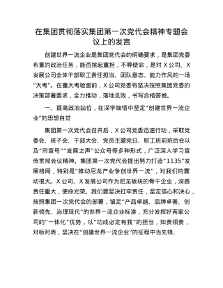 在集团贯彻落实集团第一次X代会精神专题会议上的发言.docx