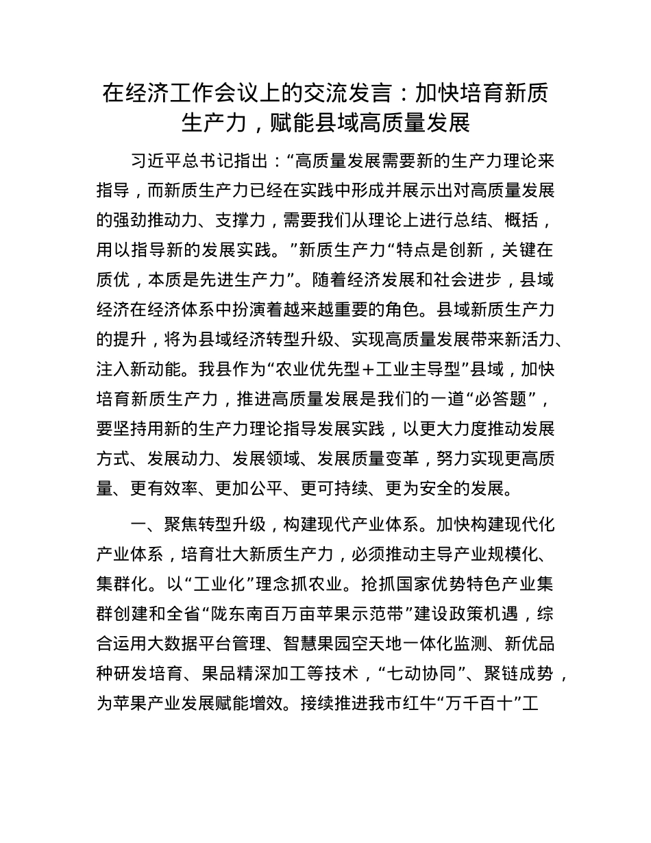 在经济工作会议上的交流发言：加快培育新质生产力，赋能县域高质量发展.docx_第1页