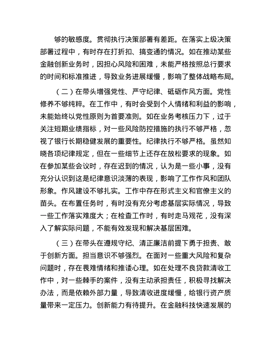 2024年度民主生活会个人对照检视发言材料（银行党委委员、副行长）.docx_第2页