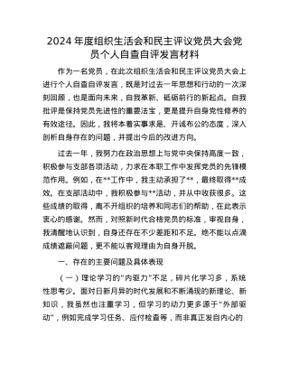 2024年度组织生活会和民主评议X员大会X员个人自查自评发言材料.docx